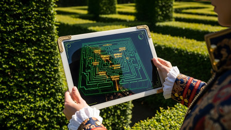 People showing person in historical costume viewing a digital maze with hidden alcoves on a...