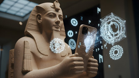 121230 showing pharaoh statue engaged with augmented reality symbols and ancient runes on...の写真素材