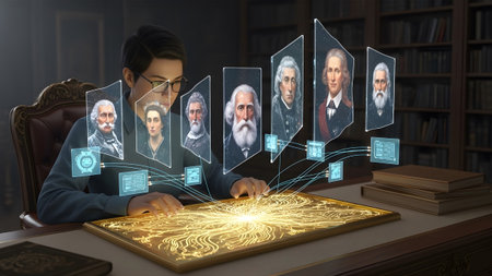 A person uses a tablet displaying holographic historical portraits and interconnected data diagrams.