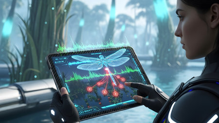 A woman in futuristic gear holds a tablet displaying dragonfly data in a glowing swamp setting.