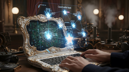 Laptop showing ornate steampunk laptop futuristic holographic network diagram with glowing nodes...の写真素材
