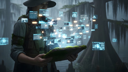 A person in a swamp interacts with a holographic data display showing glowing information shards...