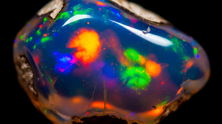 A raw black opal specimen with rough edges exhibiting intense blue green and orange flashes...