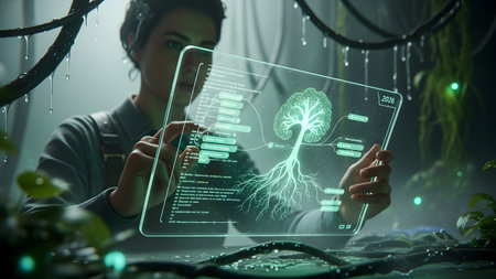 A person holds a transparent tablet showing a glowing green tree with roots and data in a...