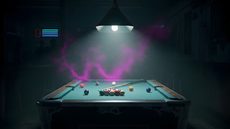 A pool table with balls and a cue stick is lit by a lamp, with pink smoke and neon lights in a...