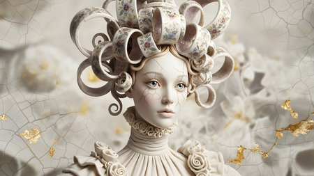 Doll showing porcelain doll portrait with floral teacups in hair and cracked skin texture.の写真素材