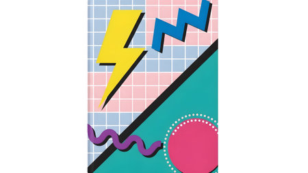 A vibrant 80s Memphis style with pastel grid, yellow lightning bolt, blue zig zag, and teal...
