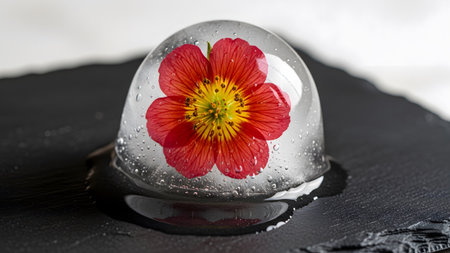 Dark showing red flower encased in melting ice dome on dark slate surface with water droplets....の写真素材