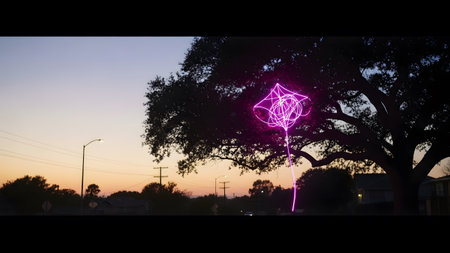 Stock showing pink neon light trails forming a kite shape on tree branch. resolution