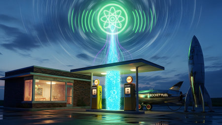 Stock showing retro gas station with rocket ship and atomic symbol at dusk with energy beam....