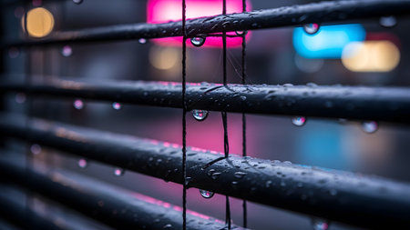Dark showing raindrops on dark blinds reflecting blurred neon lights at night. resolution...の写真素材