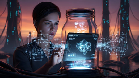 A scientist looks at holographic molecular data inside a glass jar with a futuristic industrial...