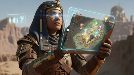 114839 showing sci-fi egyptian woman with glowing eyes examines a holographic map on a tablet...の写真素材