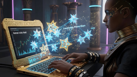 Golden showing woman in futuristic egyptian attire using golden laptop with holographic stars....の写真素材