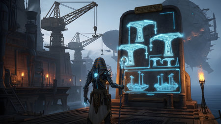 Blueprints showing steampunk cyborg viewing holographic blueprints in industrial setting.