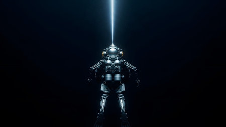 Bright showing retro deep sea diver in a metallic suit with fins and a bright beam of light...の写真素材