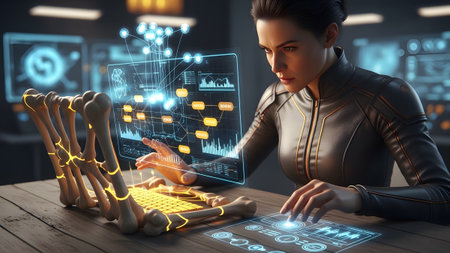Connections showing woman interacting with futuristic holographic display showing data flow and...