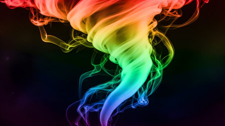 Dark showing rainbow colored smoke swirling in a tornado shape against a dark background with...の写真素材