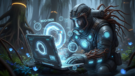 A scientist in a protective suit kneels in shallow water, interacting with a glowing digital...