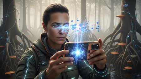 Holding showing woman holding smartphone with glowing particles in a misty forest with large...
