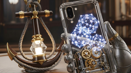 A robot hand holds a transparent smartphone with network data next to a wooden anchor.の写真素材