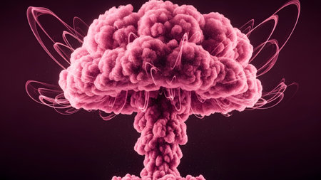 A vivid pink mushroom cloud explosion with abstract glowing energy tendrils emanating outwards...