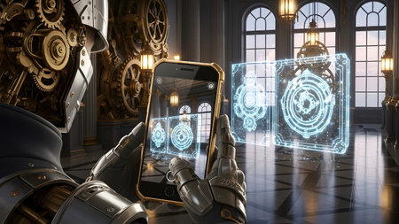 A steampunk robot with metallic hands holds a gold smartphone displaying glowing holographic...
