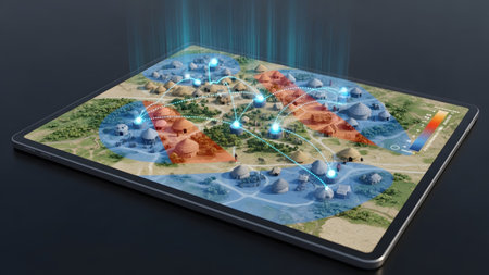 A tablet a holographic aerial view of a village with colored zones and glowing network lines.