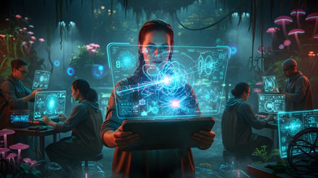 Multiple scientists work with glowing blue holographic interfaces in a vibrant, bioluminescent...