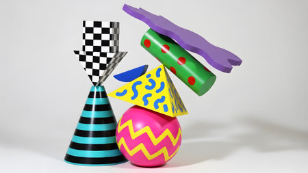 White showing retro memphis style abstract geometric shapes balanced precariously on white...