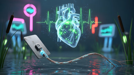 A transparent digital heart with glowing green veins is connected to a futuristic device in water.の写真素材