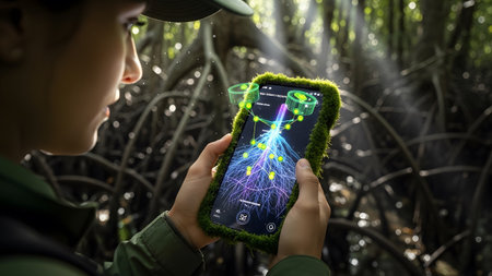 A woman in a forest holds a smartphone displaying an augmented reality analysis of plant life...