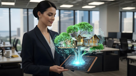 Woman showing woman holding tablet displaying holographic treehouse architecture in modern...