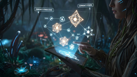 Hair showing woman with braided hair and greenery interacting with a holographic network display...