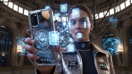 A woman in a metallic jacket holds a transparent smartphone displaying a complex, glowing blue...