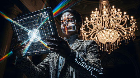 A woman in a patterned jacket holds a tablet displaying a holographic cube and data in a richly...の写真素材