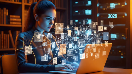 Woman showing woman with ponytail working on laptop with blue digital network of and data in a...