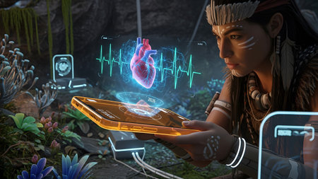 A woman in traditional attire looks at a holographic heart and medical data projected from a...