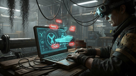 Woman in VR headset uses laptop displaying holographic ship in dimly lit industrial setting with...