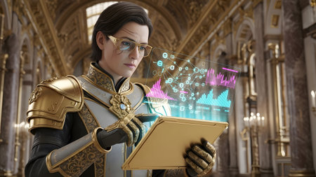 Inlay showing woman in ornate golden armor interacting with a futuristic holographic data...