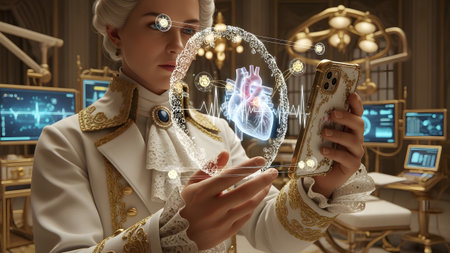 Historical showing woman in ornate historical clothing interacting with holographic heart and...