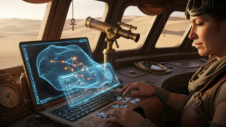 Laptop showing woman in desert vehicle using laptop and holographic display with telescope.