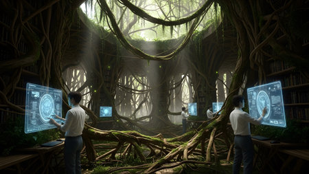 Young men engage with glowing digital interfaces in a surreal library entwined with thick green...