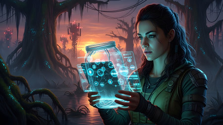 A woman holds a glowing jar with a digital network overlay against a swampy futuristic backdrop.の写真素材