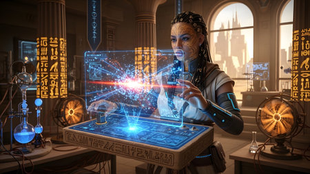 Intricate showing woman with intricate face markings using a holographic interface in a science...の写真素材