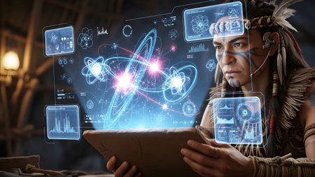 Interface showing young man with face paint using holographic interface for scientific study....