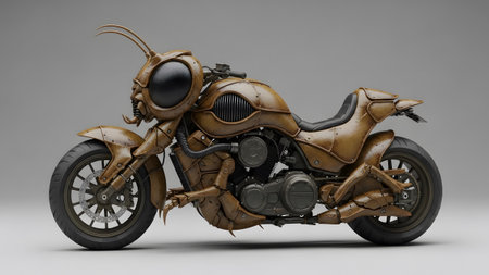Insectoid showing side view of a brown insectoid motorcycle with intricate mechanical details...の写真素材