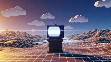 Stock showing retro television set on a pedestal in a low-poly desert landscape with a grid...の写真素材