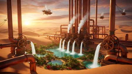 Stock showing steampunk desert factory with flying machines and oasis. resolutionの写真素材
