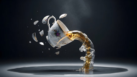 Splashing showing shattered teacup with floral pattern in mid-air with liquid splashing and...の写真素材